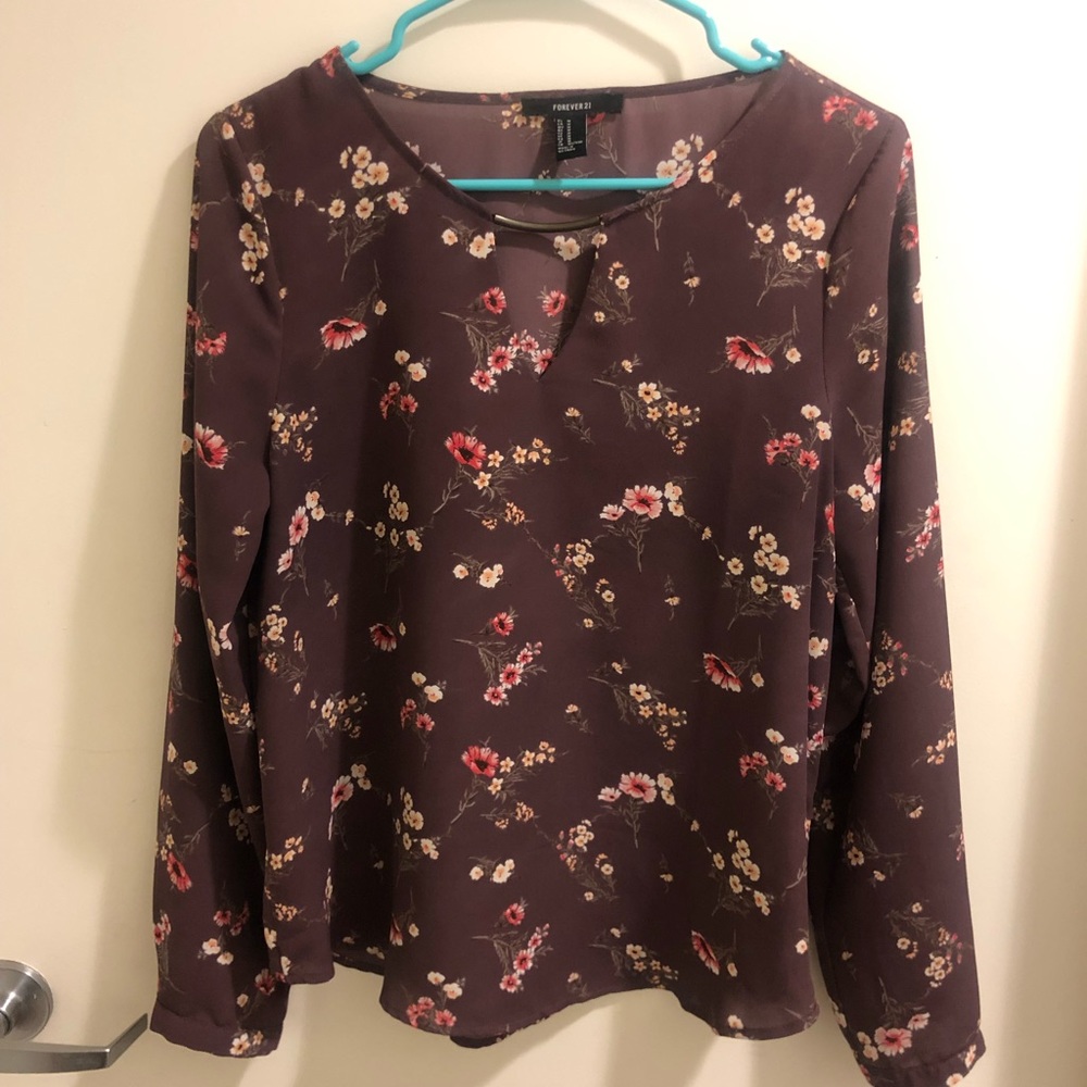Maroon purple floral long sleeve blouse